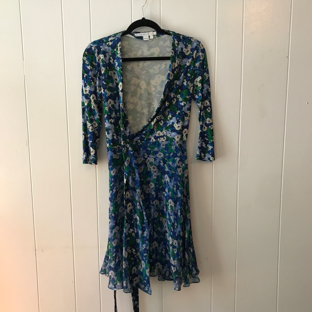 Diane Von Furstenberg Blue Green Floral Wrap Midi Dress